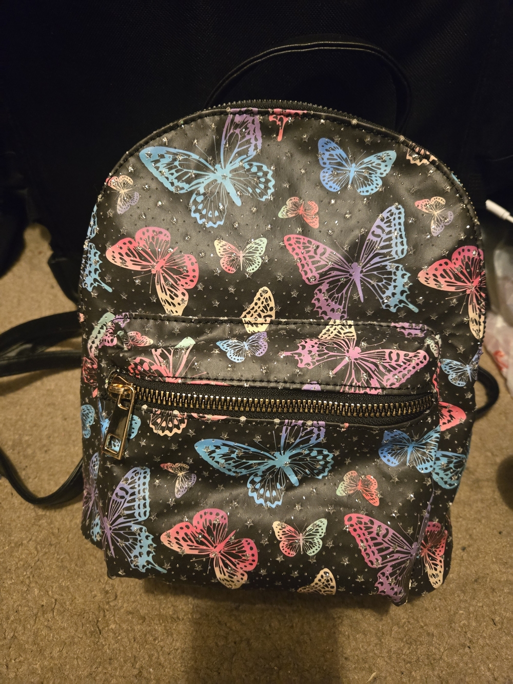 Black Butterfly Print Mini Backpack - Multicolor
